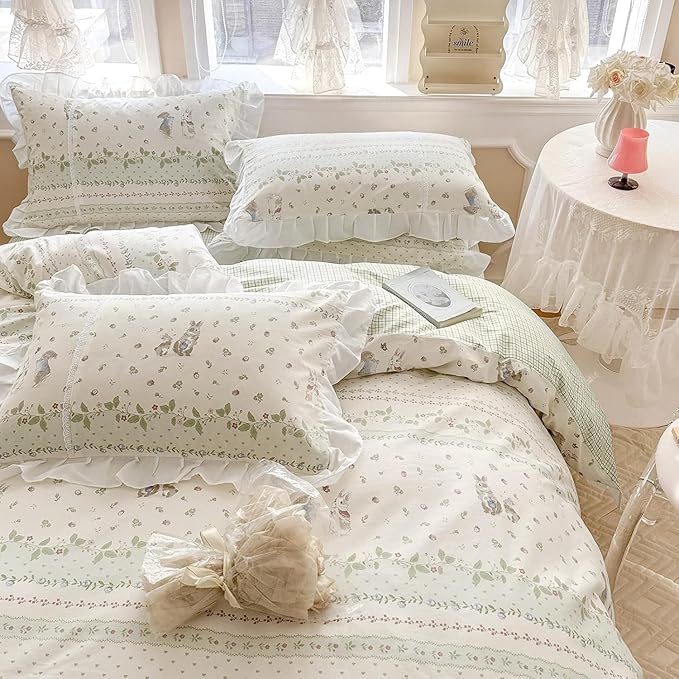 LifeTB Botanical Floral Comforter Set Full Size Cute Flower Leaves Rabbit Pattern Comforter Reversible Green Plaid Comforter Girls Princess Bedding Set Lace Ruffle Comforter Set for Kids Teen Girls