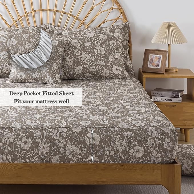 FADFAY 100% Cotton Floral Bed Sheet Set Twin, Mocha Mousse Botanical Pattern Bedding, Soft Breathable Vintage Flower Sheets with Flat Sheet, Deep Pocket Fitted Sheet & 2 Pillowcases