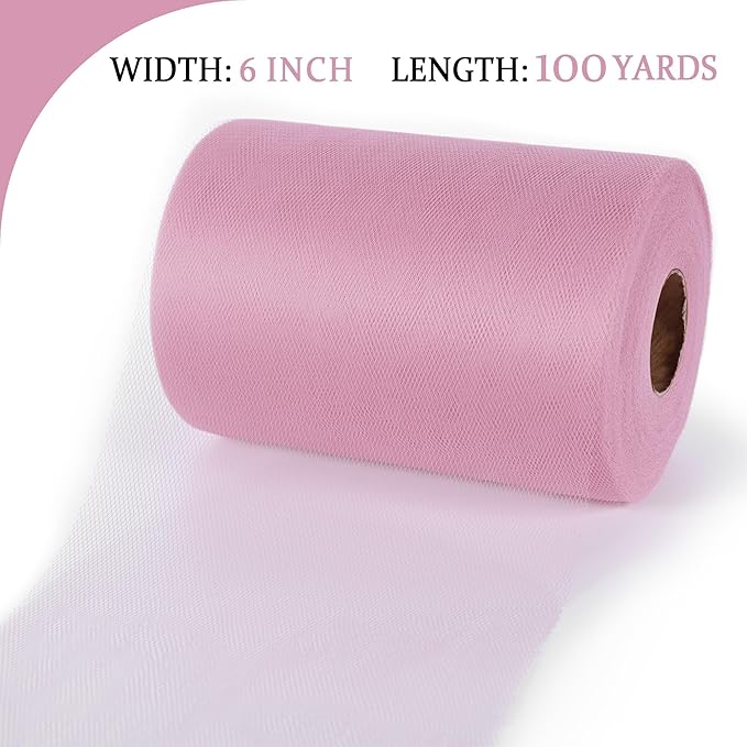 Dusty Pink Tulle Mesh Ribbon 6 Inch x 100 Yards(300ft) Netting Spool Fabric Ribbon Ideal for Tutu Skirt Art Gift Wrapping Flower Bouquet Crafts Weddings Floral Arrangements