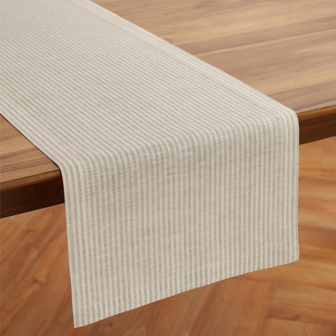 Solino Home Linen Striped Table Runner 36 Inches - Narrow Stripe, 100% Pure Linen Natural and White Small Table Runner 14 x 36 Inch Ideal for Dresser and Coffee Tables - Winter, Spring, Easter