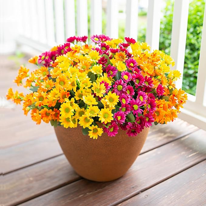 Daisy Artificial Flowers for Outdoors Fall Autumn Decoration, 6 Bundles Fake Mums Silk Flowers for Outside Look Real UV Resistant Fake Plants Faux Flowers for Planter Front Door Home Indoor Porch, Mix