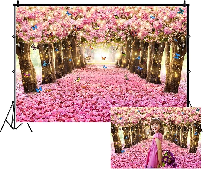 Renaiss 10x7ft Pink Cherry Blossom Backdrop Fairy Tale Romantic Pink Flowers Tree Butterfly Floral Petal Falling Boulevard Photography Background for Wedding Newborn Party Decor Photo Props