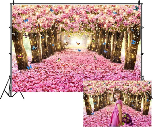 Renaiss 12x8ft Pink Cherry Blossom Backdrop Fairy Tale Romantic Pink Flowers Tree Butterfly Floral Petal Falling Boulevard Photography Background for Wedding Newborn Party Decor Photo Props