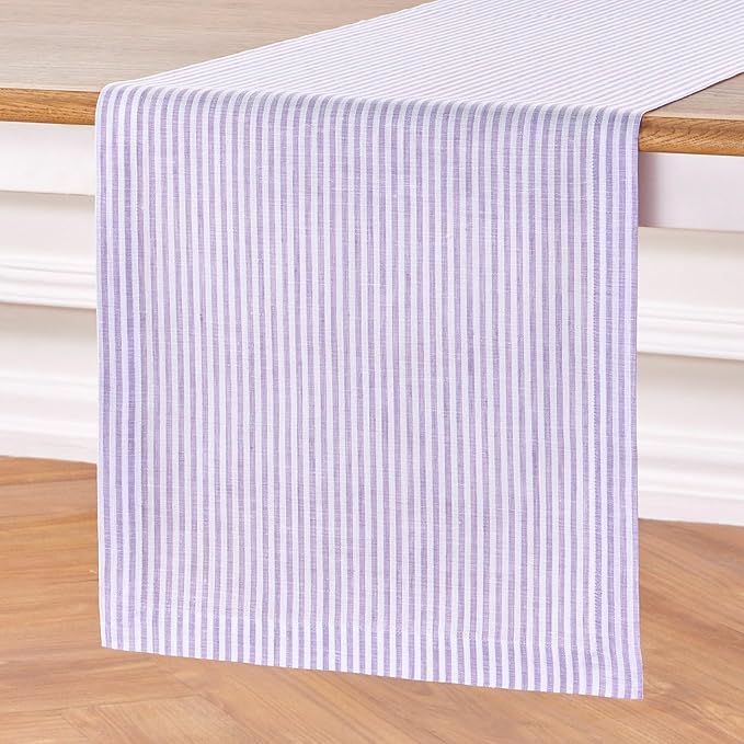 Solino Home Linen Striped Table Runner 60 Inches - Narrow Stripe, 100% Pure Linen Lavender and White Small Table Runner 14 x 60 Inch Ideal for Dresser and Coffee Tables - Valentines, Spring, Easter