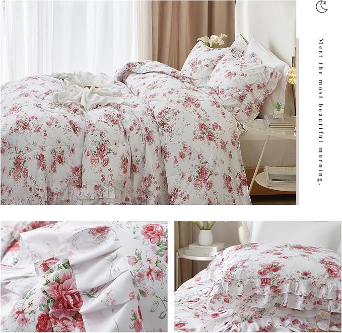 VM VOUGEMARKET Rose Flower Comforter Set King Size Romantic Girls Ruffle Bedding Comforter Soft Microfiber Botanical Comforter Set 1 Ruffled Comforter with 2 Pillowcases Lightweight Comfy