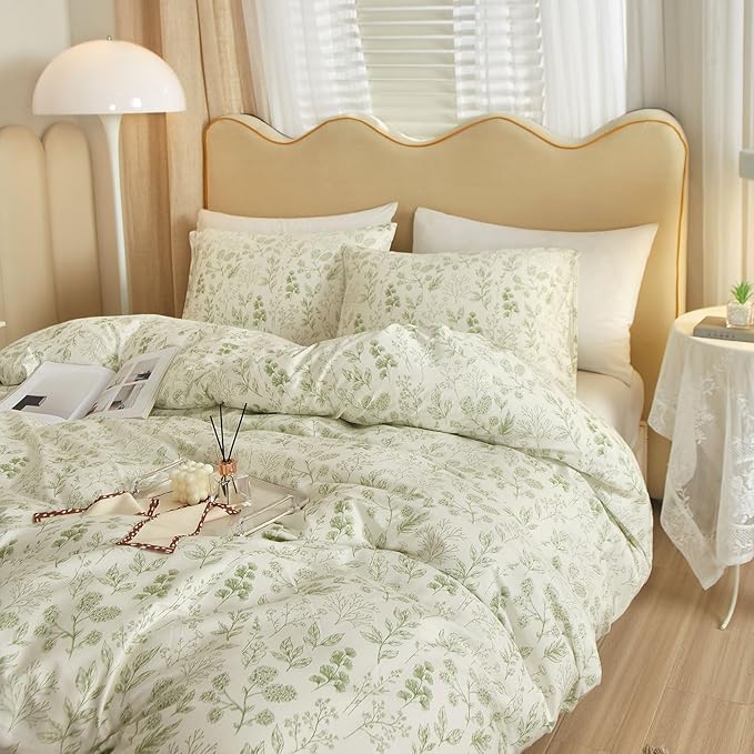 EAVD Reversible Botanical Floral Duvet Cover Twin Soft Cotton Chic Shabby Garden Green Floral Bedding Set with 2 Pillowcases Fresh Vintage Style Green Floral Comforter Cover with Zipper Closure