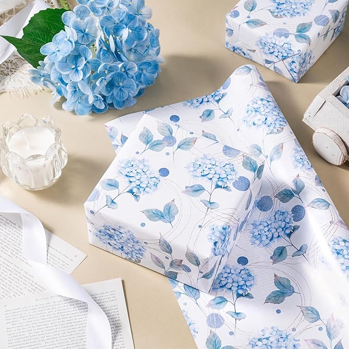 LeZakaa Blue Hydrangea Wrapping Paper Roll, Hydrangea Flowers Party Gift Wrap for Wedding, Bridal Shower, Baby Shower, Anniversary, Mother's Day, Birthday, DIY Bouquet, Mini Roll, 17 inches x 16.4Feet