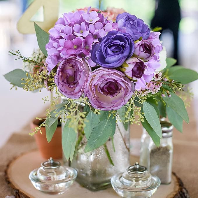 Felice Arts 12" Purple Hydrangea Silk Flowers Bouquet, Peonies Artificial Flowers for Wedding Bridal Bouquets Home Table Centerpieces Baby Shower Floral Decor (7 Heads Tea Rose & Hydrangea)