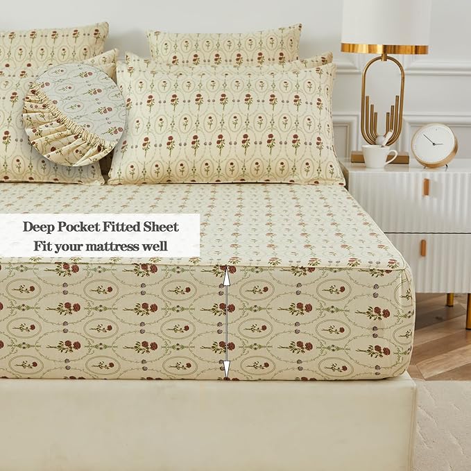 FADFAY Cal King Size 100% Cotton Beige Bed Sheets Set Elegant Red Rose Floral Pattern, Soft and Luxurious Shabby Vintage French Country Bedding, 4 Pieces Deep Pocket Fitted Sheet