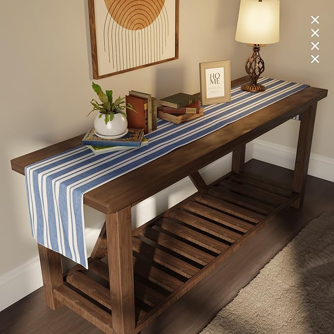 Encasa XO Cotton Dining Table Runner | Franca Blue Stripes | Size 13x104 in - Machine Washable & Durable