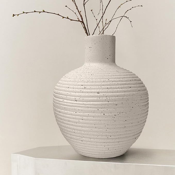 Oakrain Large Flower Vase with Groove Texture, 13" Tall Floor Vase, Narrow-Mouth Handcrafted Decorative Centerpiece for Modern Home Decor
