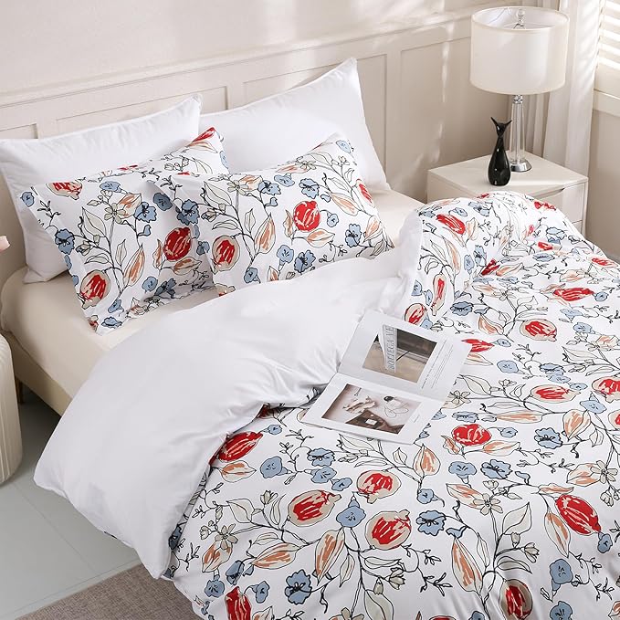 LONAVA Queen Flower 3 Pcs Duvet Cover Set, Breathable Soft Microfiber White Lining Comforter Cover with Zipper Closure, and 2 Anti-Pilling, Fade Resistant Pillowcases, Red Bud
