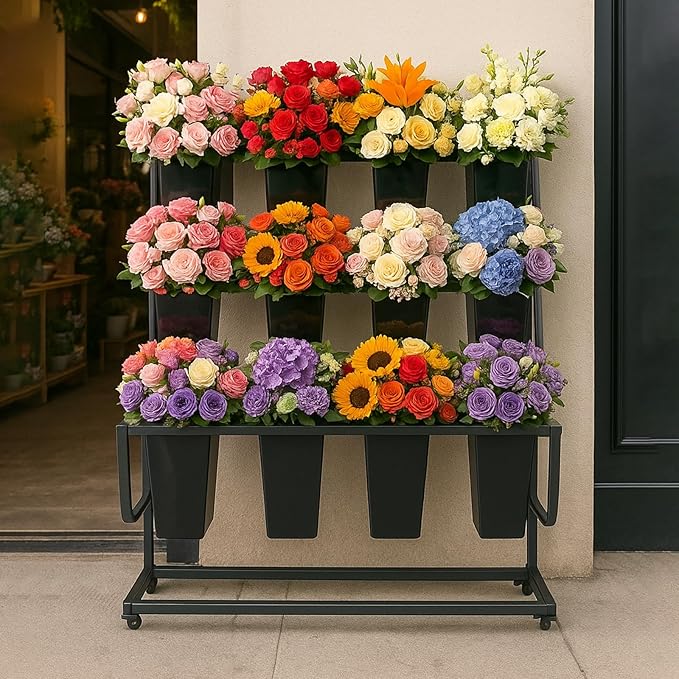 3-Tier Movable Plant Cart - Heavy Duty Flower Rack with 12 Buckets - Perfect for Shops, Homes, Cafes, and Offices（Black）