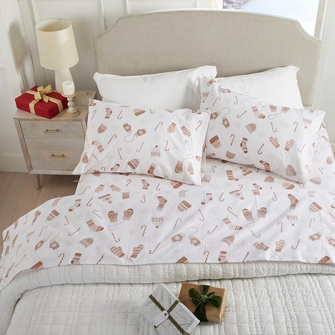 Market & Place 100% Cotton Full Flannel Sheet Set | 4 Piece Deep Pocket Novelty Cozy Winter Bed Sheets | Double Brushed for Extra Softness & Comfort | Alpine Collection (Full, Winter Mittens)