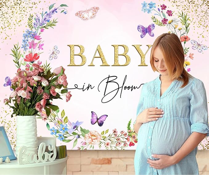 Sensfun Baby in Bloom Backdrop Banner Girls Wildflower Baby Shower Decorations,Pink Floral Butterfly Gold Glitter Photography Background for Wildflowe Baby Shower Newborn Party Photo Booth Props 5x3ft