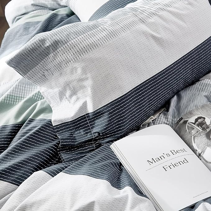 LifeTB Full Comforter Set Blue Grey Striped Bedding Comforter Set Lightweight Soft All Seasons Bedding Sets Fluffy Down Alternative Comforter 3 Pieces Bed Set 1 Striped Comforter with 2 Pillow Shams
