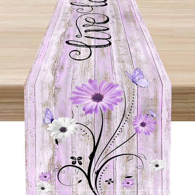 Purple Daisy Table Runner, Butterfly Rustic Seasonal Spring Wild Flower Rustic Blue Wood Farmhouse Decor for Family Kitchen Farmhouse Holiday Party Table Decorations Indoor Outdoor 13x72 inch