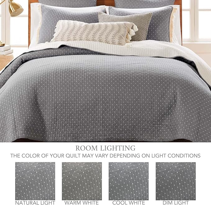 Levtex Home Cross Stitch Reversible King Bedspread Set (120x104in) with 2 Pillow Shams (36x20in) - Stitch Texture - Grey and White - Cotton King Size Bedspread Set - Soft, Pre-Washed
