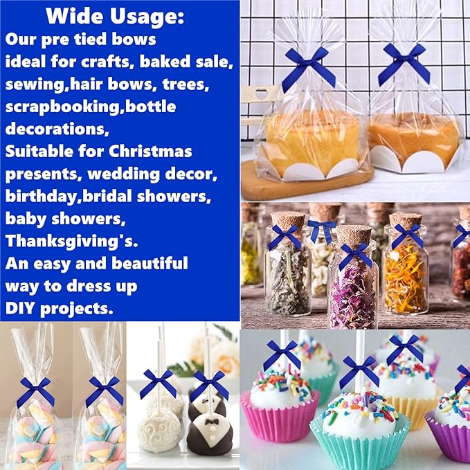 100 PCS 3 Inches Satin Bow Twist Ties, Ribbon Twist Tie Bows for Treat Bags, Pretied Bows, Twist Tied Bows with Wire for Bags, Pre Tied Ribbon Bows for Baby Shower, Favors, Popcorn(Royal Blue)