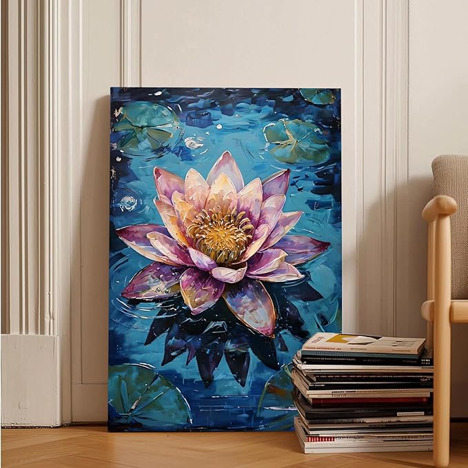 Gorgeous pink and purple water lilies on deep blue water Eye-catching oil painting Serene aquatic wall art for modern home decor 12x18in Wood Framed