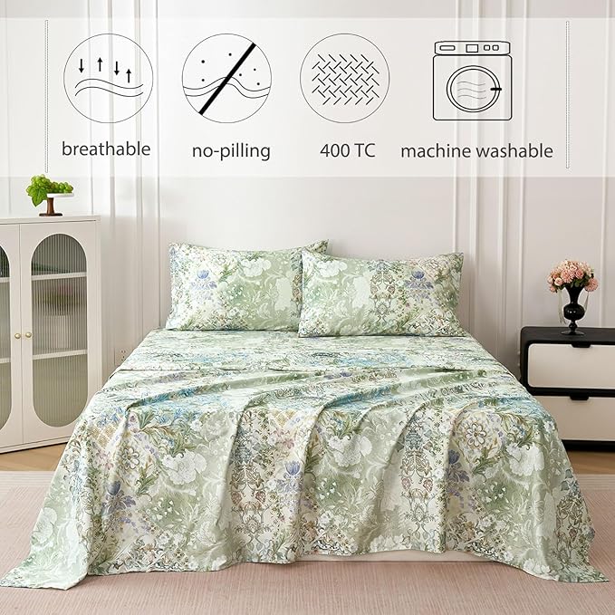 Zusbest California King Sheets Luxury Sage Green Floral Bed Sheet Set 100% Cotton, Satin Weave Soft Silky Breathable for Hot Sleepers American Country Vintage Flower Deep Pocket 17.5‘’ Bed Set 4Pcs