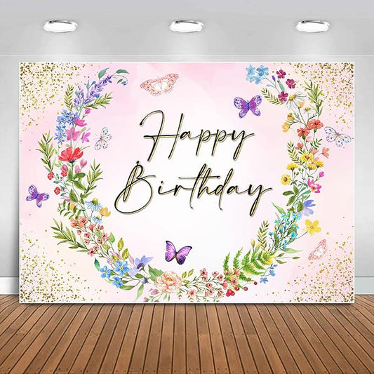 Sensfun Wildflower Happy Birthday Backdrop Banner Wild Flower Birthday Decorations,Spring Floral Butterfly Photography Background for Girls Wildflower One Birthday Party Decor Photo Booth Props 8x6ft