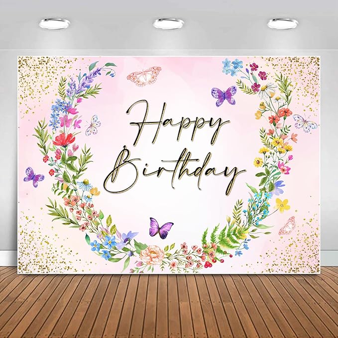 Sensfun Wildflower Happy Birthday Backdrop Banner WildFlower Birthday Decorations,Spring Floral Butterfly Photography Background for Girls Wildflower 1st Birthday Party Decor Photo Booth Prop 10x6.5ft