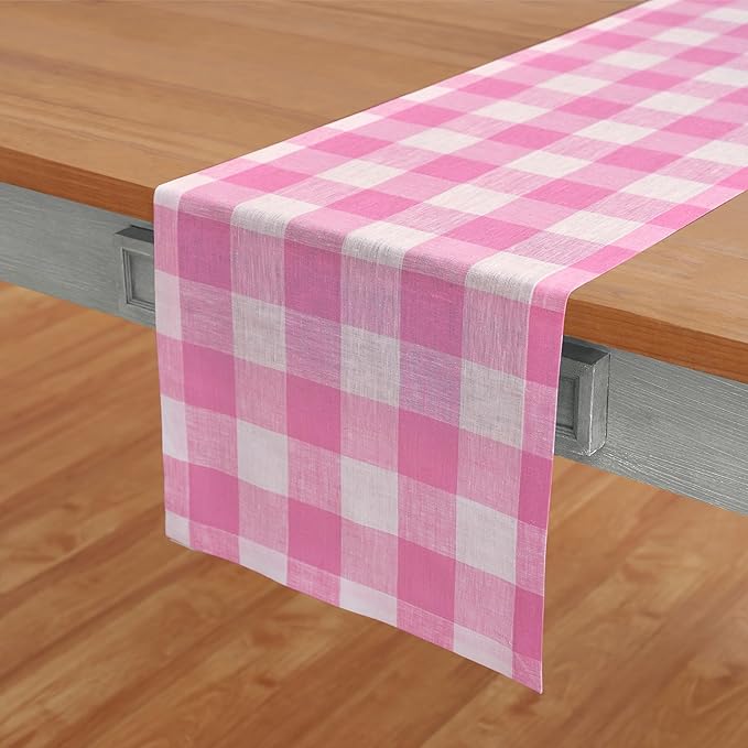 Solino Home Linen Checkered Table Runner 48 Inches - 100% Pure Linen Buffalo Check Pink Begonia Table Runner 14 x 48 Inch Ideal for Dresser and Coffee Tables, Valentines, Spring, Easter