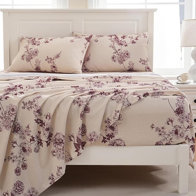 Zusbest King Size Sheets 100% Percale Cotton Red Floral Bed Sheet Set, Brushed Extra Softness, Breathable Luxury Toile Flannel Like Sheets Shabby Vintage Flower Print Deep Pocket Bed Set 17.5'' 4 Pcs
