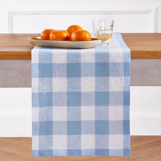 Solino Home Linen Checkered Table Runner 156 Inches Long - 100% Pure Linen Chambray Blue and White Buffalo Check Extra Long Table Runner 14 x 156 Inch Ideal for Dining, Winter, Spring, Easter