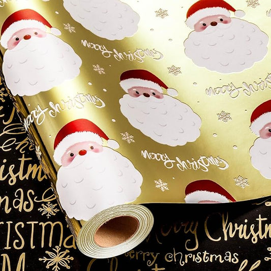 MAYPLUSS Gold Santa Claus Wrapping Paper Roll, 17IN X 33FT Christmas Gift Wrap Paper Featuring Reversible Merry Christmas for Holiday New Year Kids