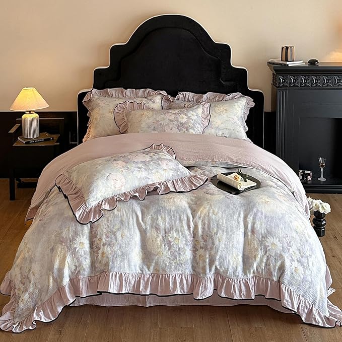 HighBuy Purple Floral Linen Cotton Duvet Cover Twin XL,Ruffle Design 3 Piece Natural Muslin Yarn-Dyed Textured Bedding Comforter Cover Set for Teen College Vintage Coquette Bedding Breathable