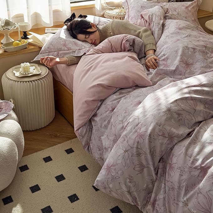 AOJIM Pink Kids Adults Duvet Cover Set with Gardenia Patterns, Soft Comfy 100% Cotton Comforter Cover Set 3pcs, 1 AB Sided Quilt Cover Full Size and 2 Matching Pillowcases for Room Decor, No Quilt