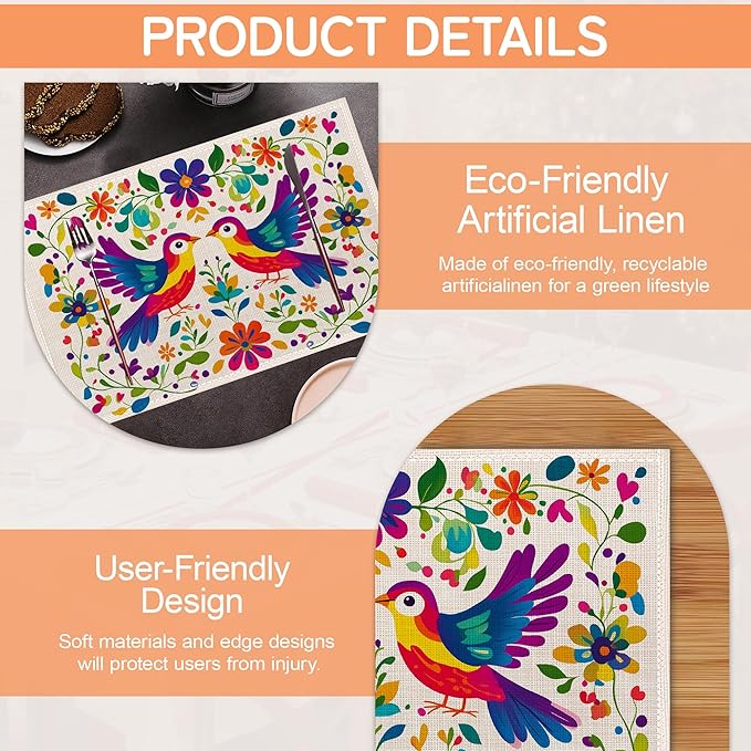 Colorful Bird Table Mats Set of 6,Mexican Style Non-Slip Washable Placemats for Restaurant Home Kitchen Dinner Table 12x18Inch