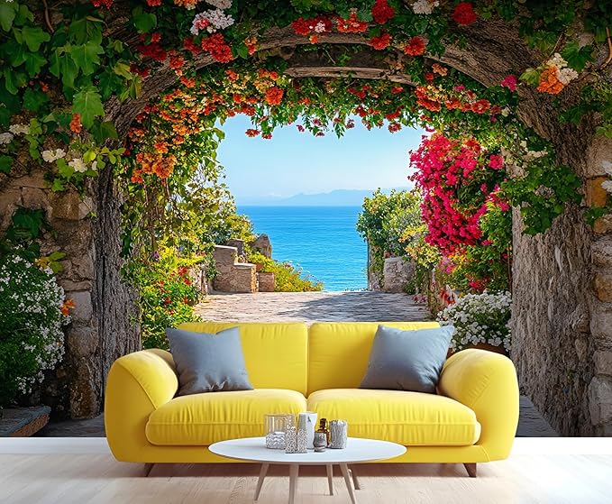 Mediterranean Arch Seaside Wall Mural, Flower Tunnel Ocean View 3D Wall Murals, Greek Island Style Wallpaper Mural, for Living Room Bedroom Large Wallpaper Indoor Decor 177.16" W x120 H