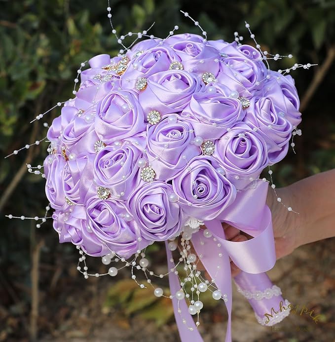 Bridal Wedding Bouquet Round Bling Brooch Bouquet Throw Toss Artificial Rose Flower Bunch for Bride Bridesmaid Wedding Quinceanera(Light Purple, 6.3")