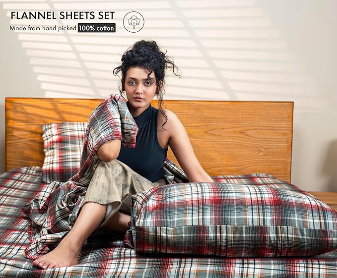 RUVANTI Flannel Sheets Twin Size - 100% Cotton Double Brushed Twin Sheets Set, Deep Pockets 16 Inches, All Seasons Breathable & Extra Soft Bed Sheets, Warm & Cozy, 3 Piece, Halloween Check