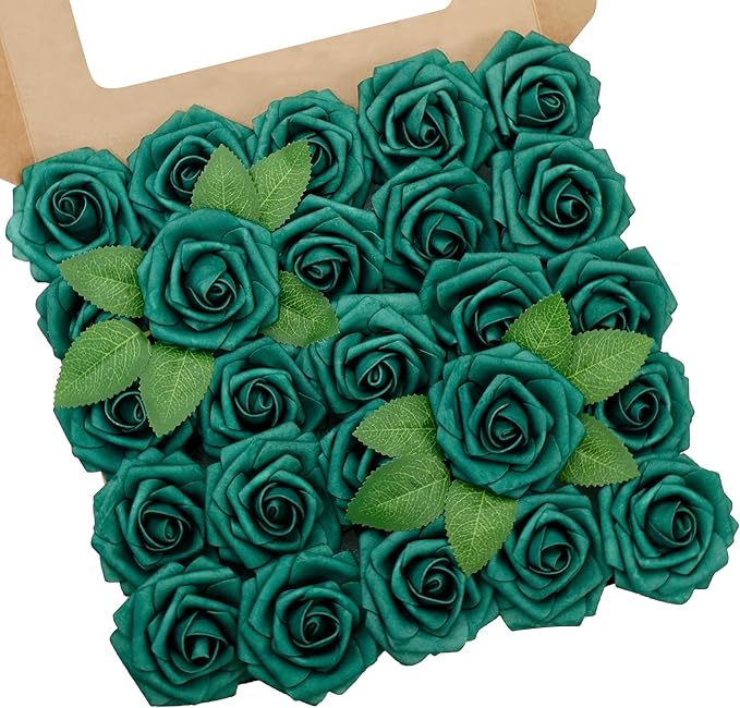Artificial Flowers, 100pcs Hunter Green Artificial Rose for DIY Wedding Bouquets Centerpieces Arrangements, Fake Flower with Stem for Wedding Shower Party Tables Home Decorations