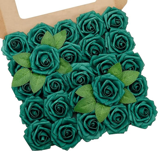 Artificial Flowers, 100pcs Hunter Green Artificial Rose for DIY Wedding Bouquets Centerpieces Arrangements, Fake Flower with Stem for Wedding Shower Party Tables Home Decorations