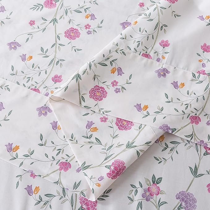 Zusbest- Full Sheets, Soft 100% Cotton Pink & Off White Floral Bed Sheets, Shabby Vintage Chic Purple Flower Printed Bed Set, Breathable Home Decor, Garden Style 4 Piece Deep Pocket（Rosy）