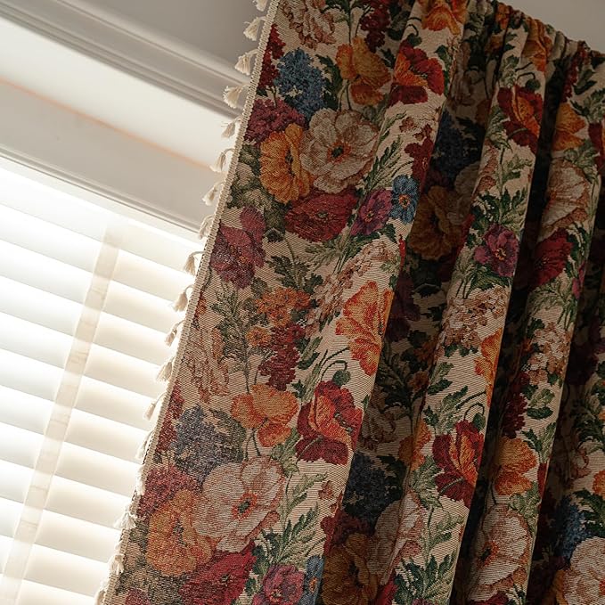 ENJOYBRIDAL Floral 96 Inch Curtains Semi Sheer Long Drapes Bedroom Rod Pocket Jacquard 2 Panels Window Curtains Farmhouse Boho Tassel Patterned Living Room Botanical Window Treatments
