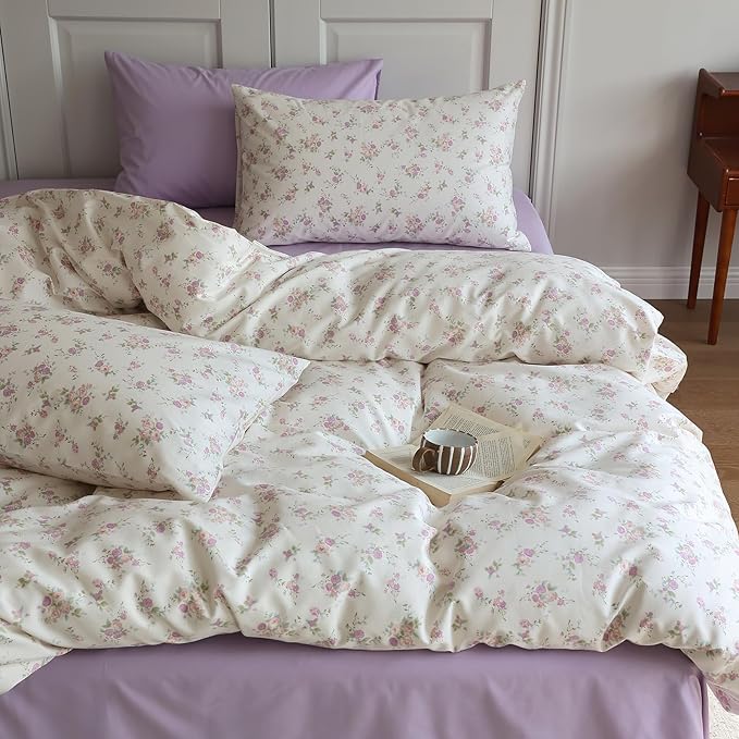 LifeTB Vintage Pink Floral Duvet Cover Queen Soft 100% Cotton Girls Cottagecore Bedding Set Cute Peach Flower Comforter Cover with Zipper Closure Vintage Country Bedding Botanical Duvet Cover Queen