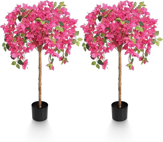 4 Feet Artificial Bougainvillea Trees, Fake Bougainvillea Pink Flowers Tree with Black Plastic Pot, Outdoor Faux Blooming Plants Potted 2 Packs for Decor Front Porch Indoor or Home Office (47 inch)