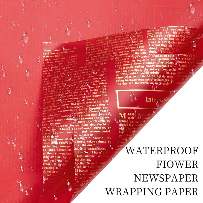 LeZakaa 20 Sheets Newsprint Flower Wrapping Paper, Waterproof Floral Bouquet Paper, Red & Gold Newsprint Design for Valentine's Day, Mother's Day, Birthday Party, Bridal Shower, Wedding, Baby Shower