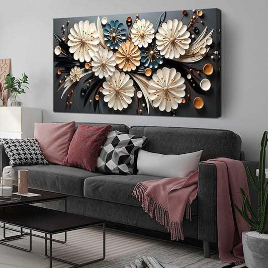 Large Wall Art for Living Room Bedroom Home Office Gold Flower Pictures Wall Art Modern Floral Artwork Framed Wall Decor Canvas Prints 29x59 In