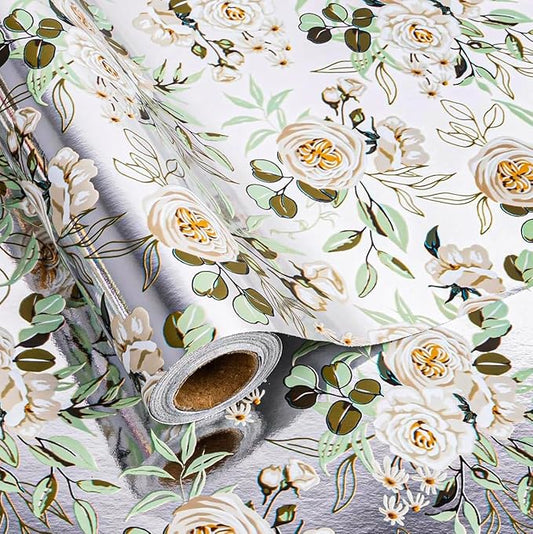 Altarho Wedding Wrapping Paper Roll - 17 Inch x 33 Feet - Silver White Floral with Metallic Foil Design Perfect for Mothers Day Wedding Bridal Shower Spring Birthday Summer