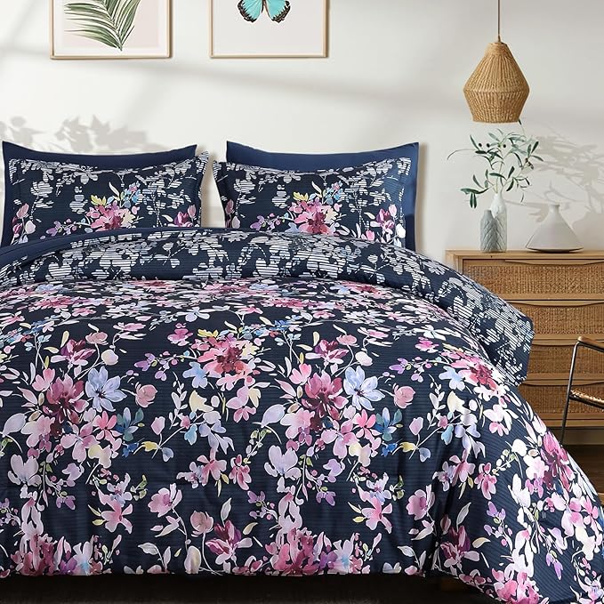 Dobuyly Queen Comforter Set, 7 Pieces Navy Blue Floral Comforter Set, Bed in a Bag Queen with Botanical Flowers Pattern, All Season Farmhouse Queen Size Bedding Set with Sheets, Pillowcases & Shams