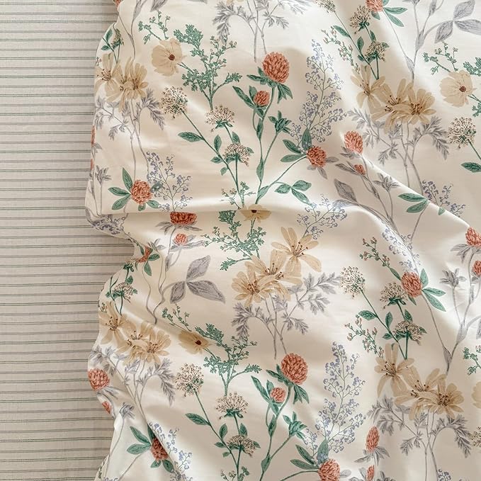 EAVD Garden Style Botanical Floral Duvet Cover Queen Soft 100% Cotton Chic Cute Floral Leaves Pattern Bedding Set with 2 Pillowcases Fresh Botanical Comforter Cover with Zipper Closure