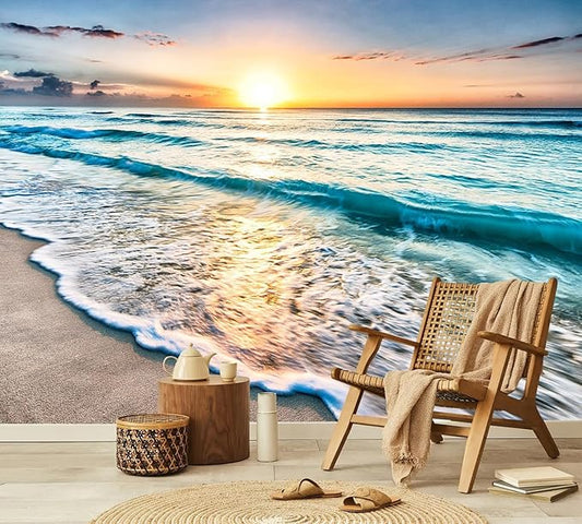PYFFYP- Beach Wallpaper Sunset Ocean Wall murals for Living Room(Not Peel and Stick)