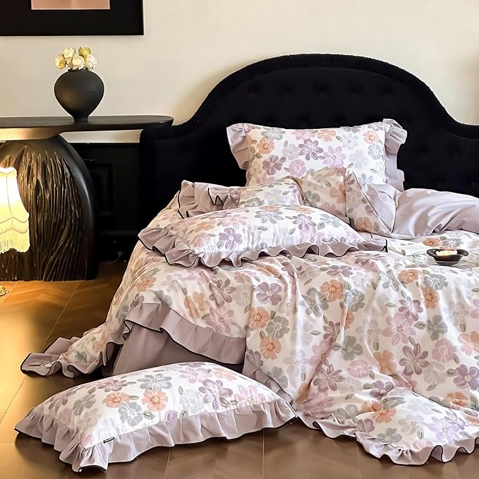 HighBuy Cottagecore Floral Ruffle Duvet Cover Queen for Kids Girls,Coquette Bedding Ruffle Duvet Cover Set Shabby Chic Brushed Cotton Bedding Set Breathable Durable Luxury with Zipper